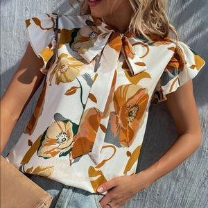 Boho floral tie neck blouse